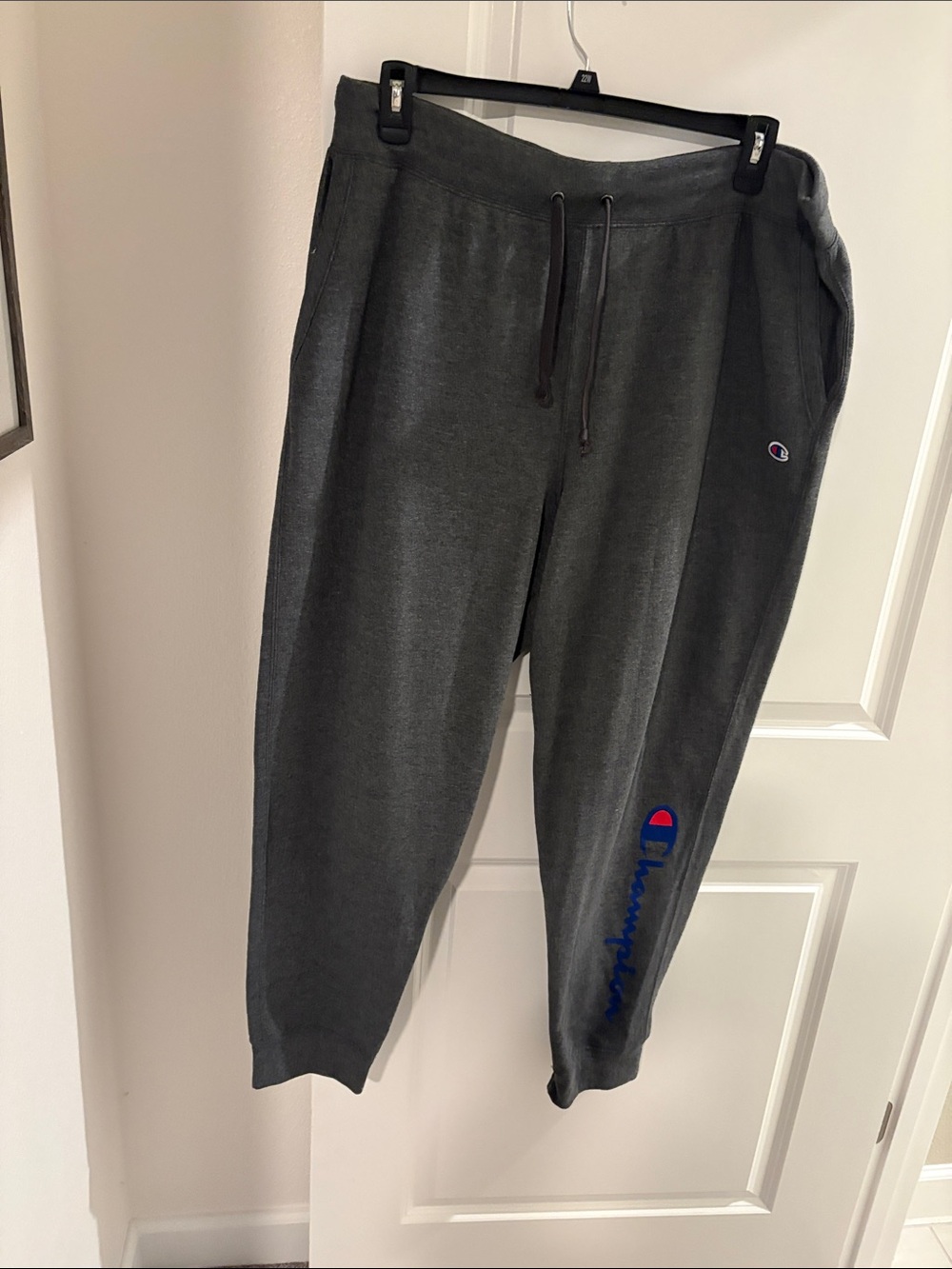 Champion Dark Gray Sweatpants with Blue and Red Logo